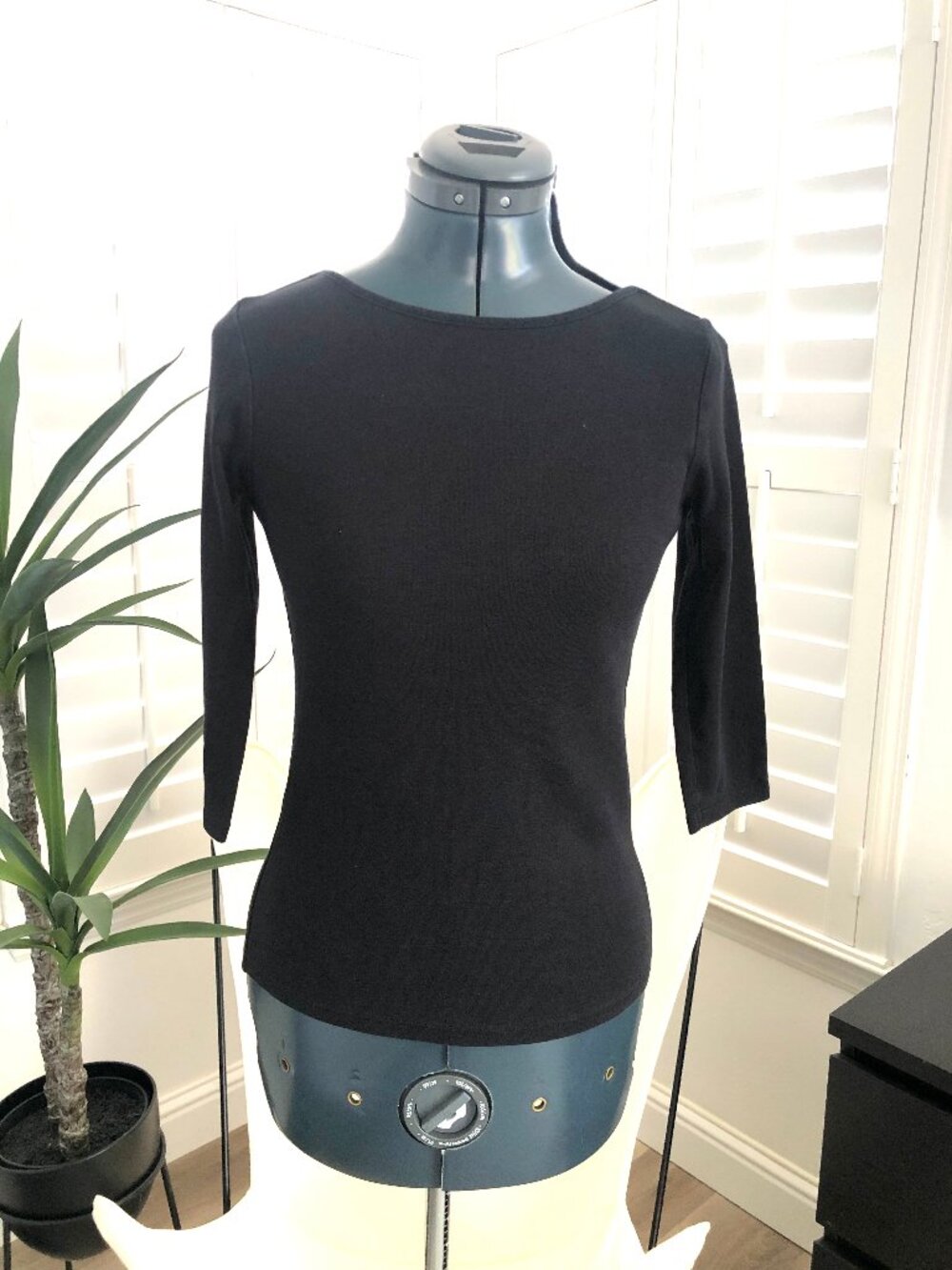 Zara Black Boat Neck T-shirt Top with 3/4 sleeves, Size S